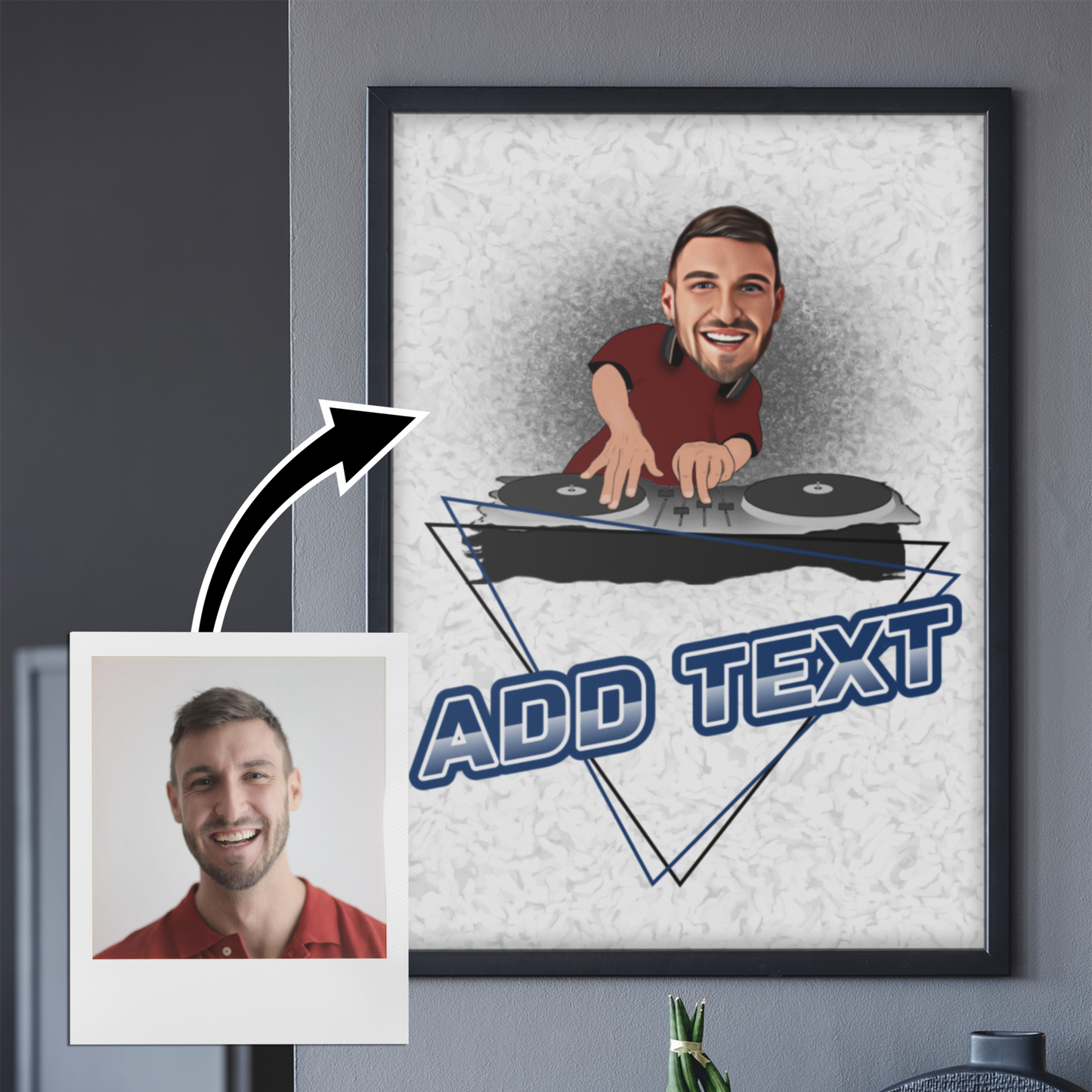 funny personalised photo fine art print poster of man as a DJ and DeeJay Decks