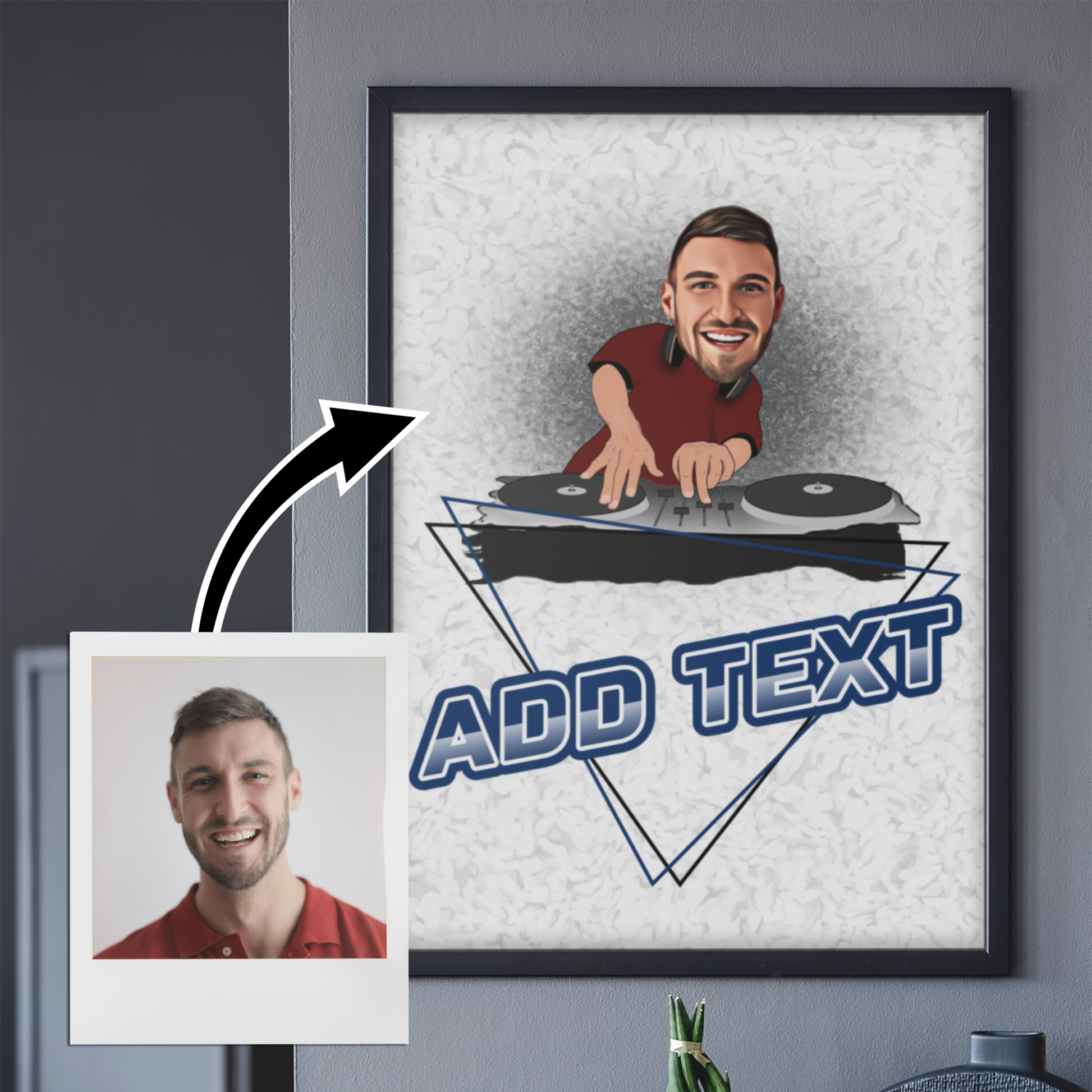 funny personalised photo fine art print poster of man as a DJ and DeeJay Decks