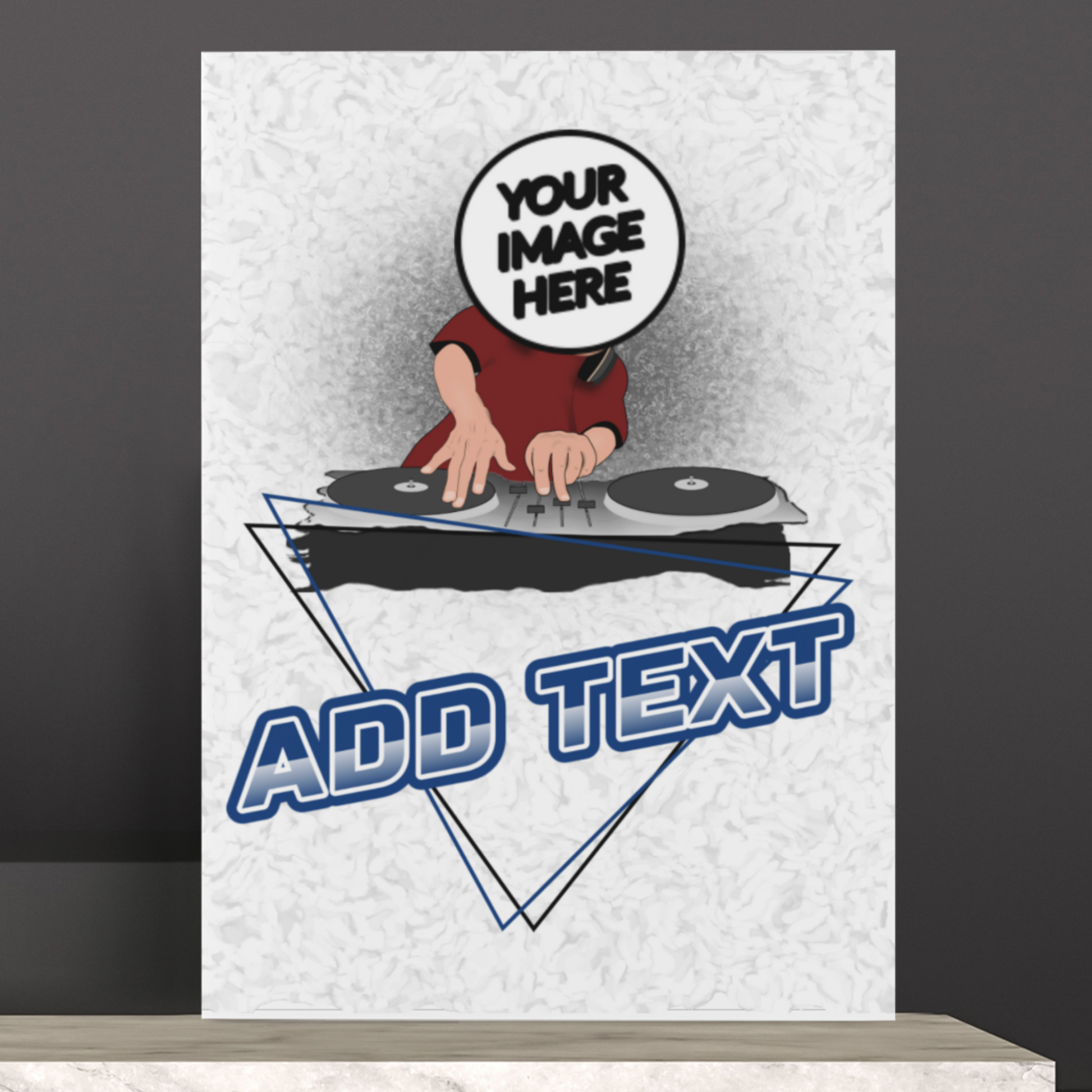 funny personalised photo fine art print poster of man as a DJ and DeeJay Decks showing "your image here"