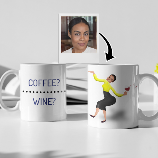 funny personalised photo mug of drunken woman dancing and spilling wine