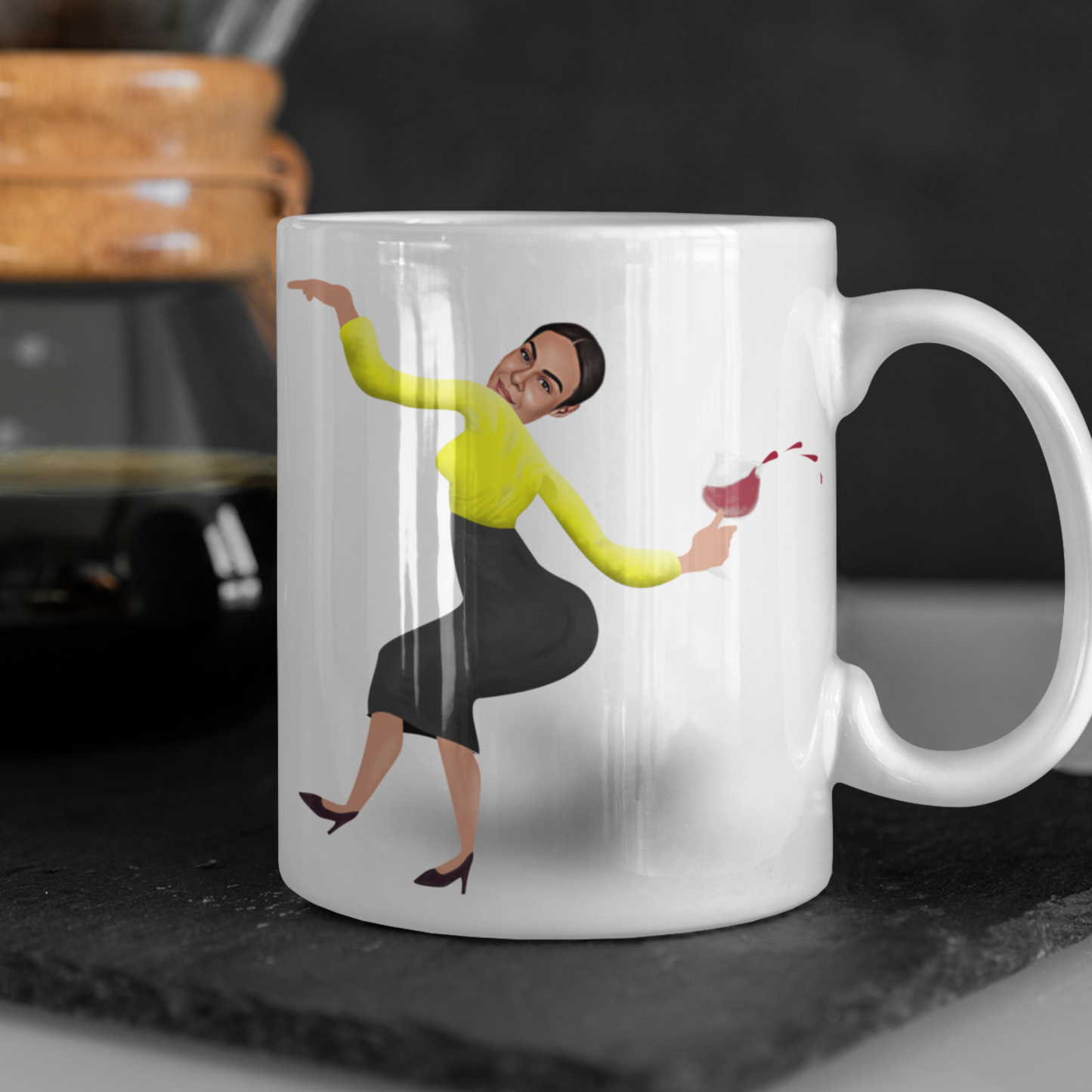 funny personalised photo mug of drunken woman dancing and spilling wine