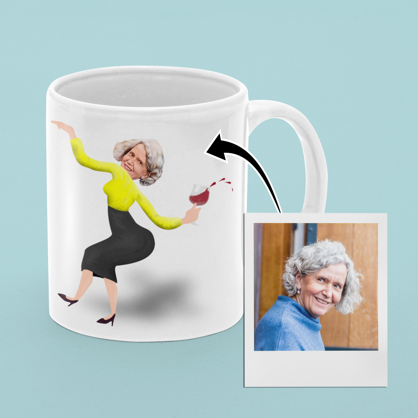 funny personalised photo mug of drunken woman dancing and spilling wine