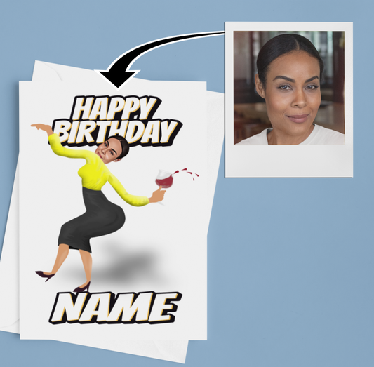 funny personalised photo greeting card of drunken woman dancing and spilling wine