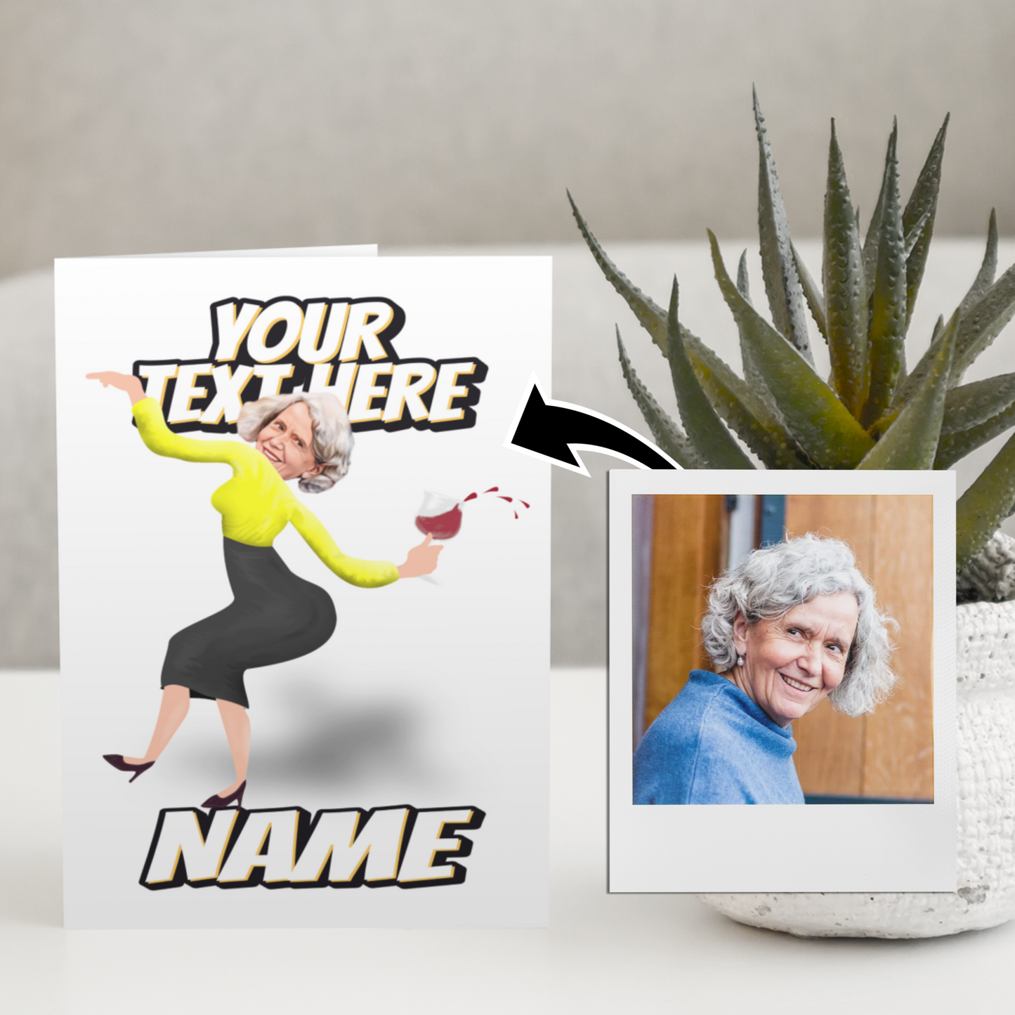 funny personalised photo greeting card of drunken woman dancing and spilling wine