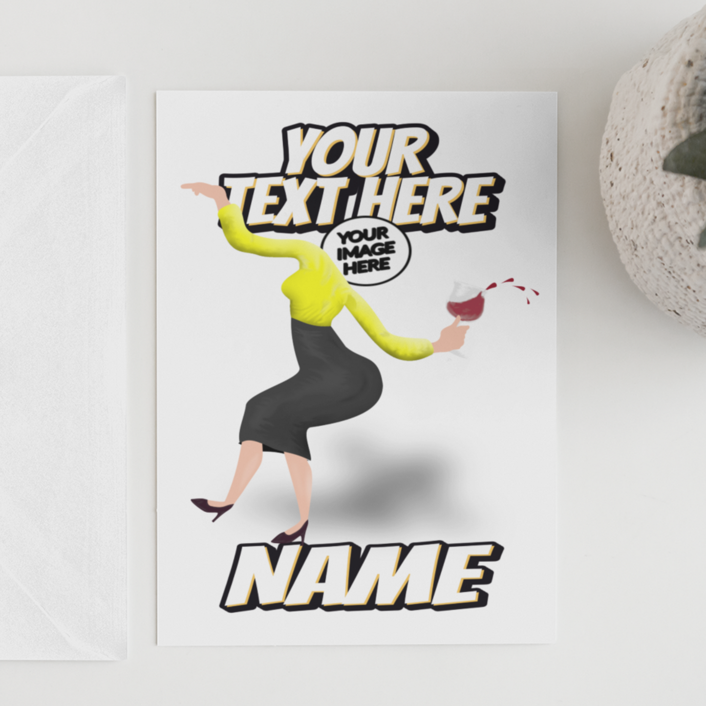 funny personalised photo greeting card of drunken woman dancing and spilling wine showing "your image here"