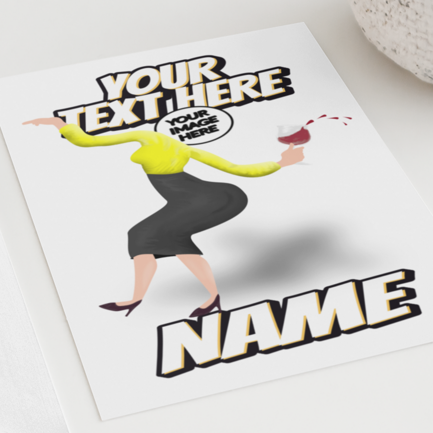 funny personalised photo greeting card of drunken woman dancing and spilling wine showing "your image here"
