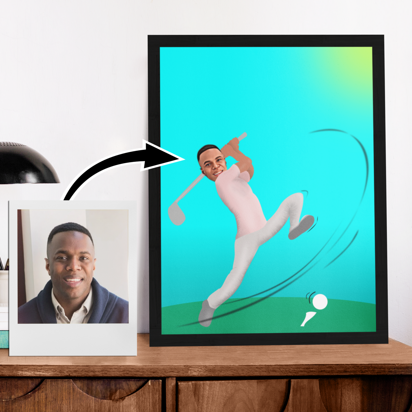 funny personalised photo poster of person swinging a golf club and missing the golf ball