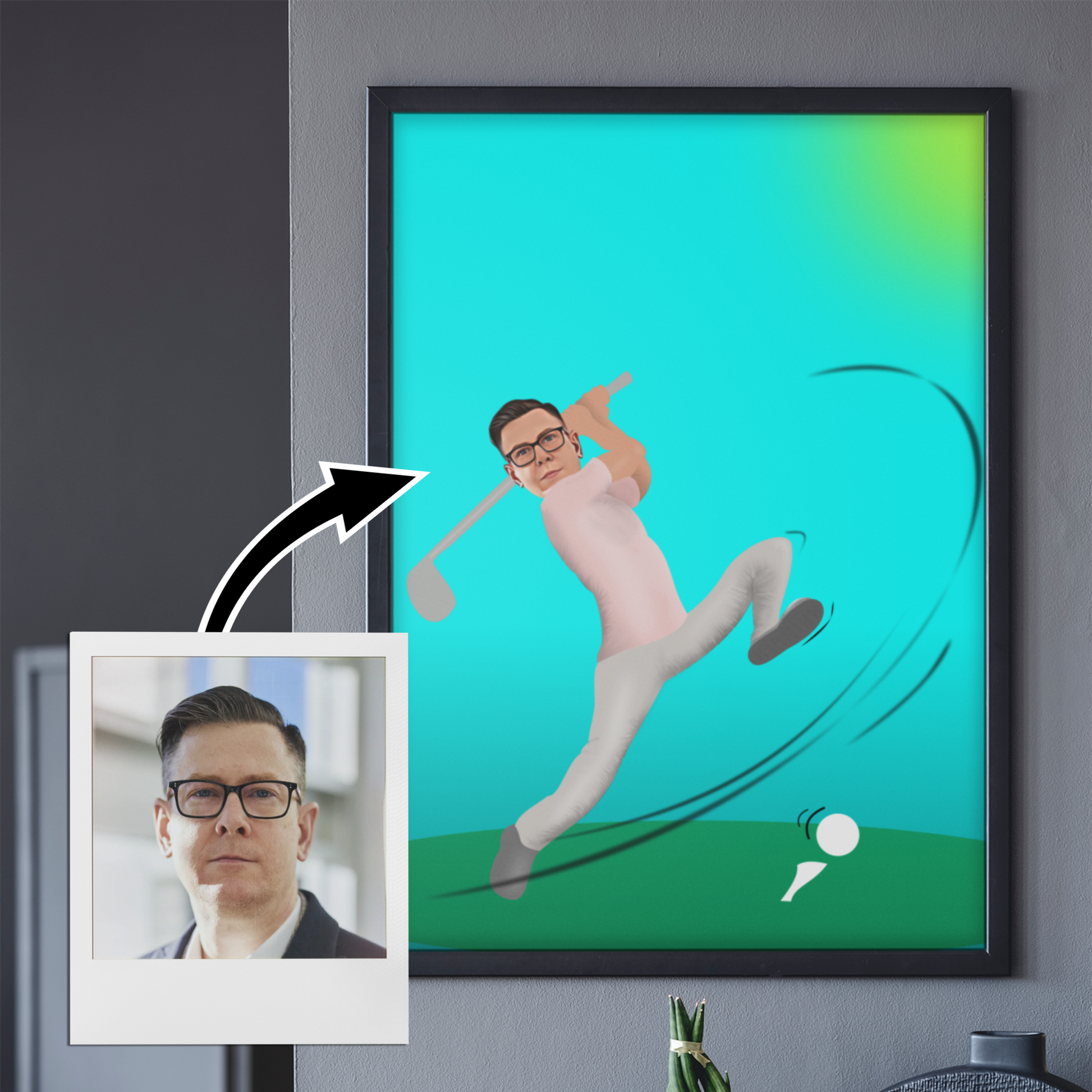funny personalised photo poster of person swinging a golf club and missing the golf ball