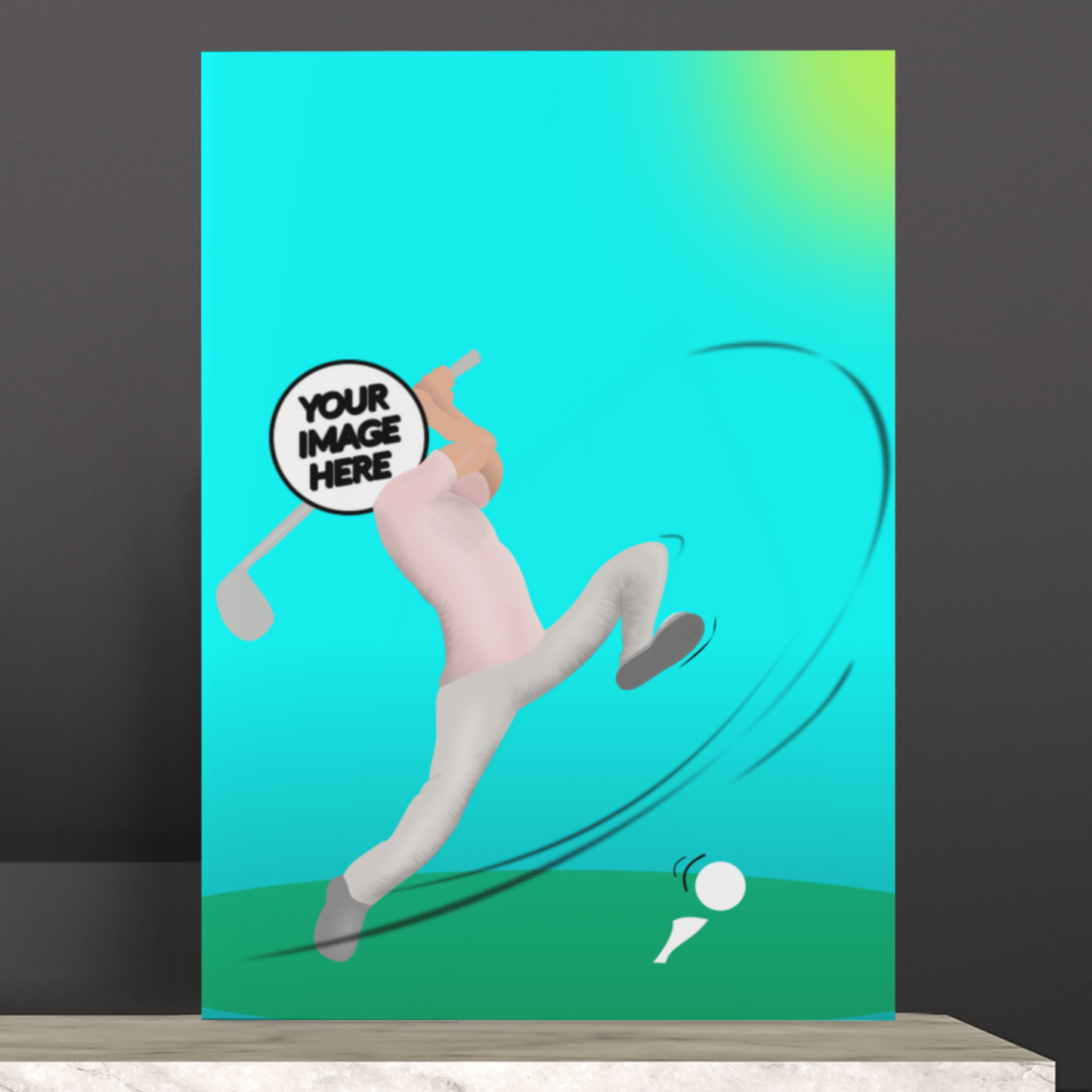 funny personalised photo poster of person swinging a golf club and missing the golf ball showing "your image here"