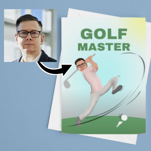 funny personalised photo greeting card of person swinging a golf club and missing the golf ball