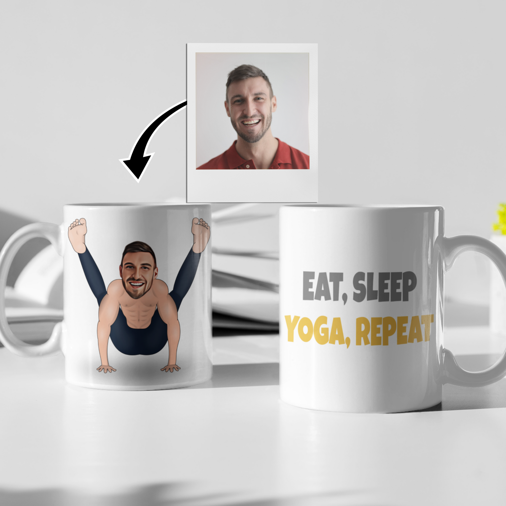 funny personalised photo Yoga Mug of man in funny yoga pose with caption "eat, sleep, yoga, repeat"