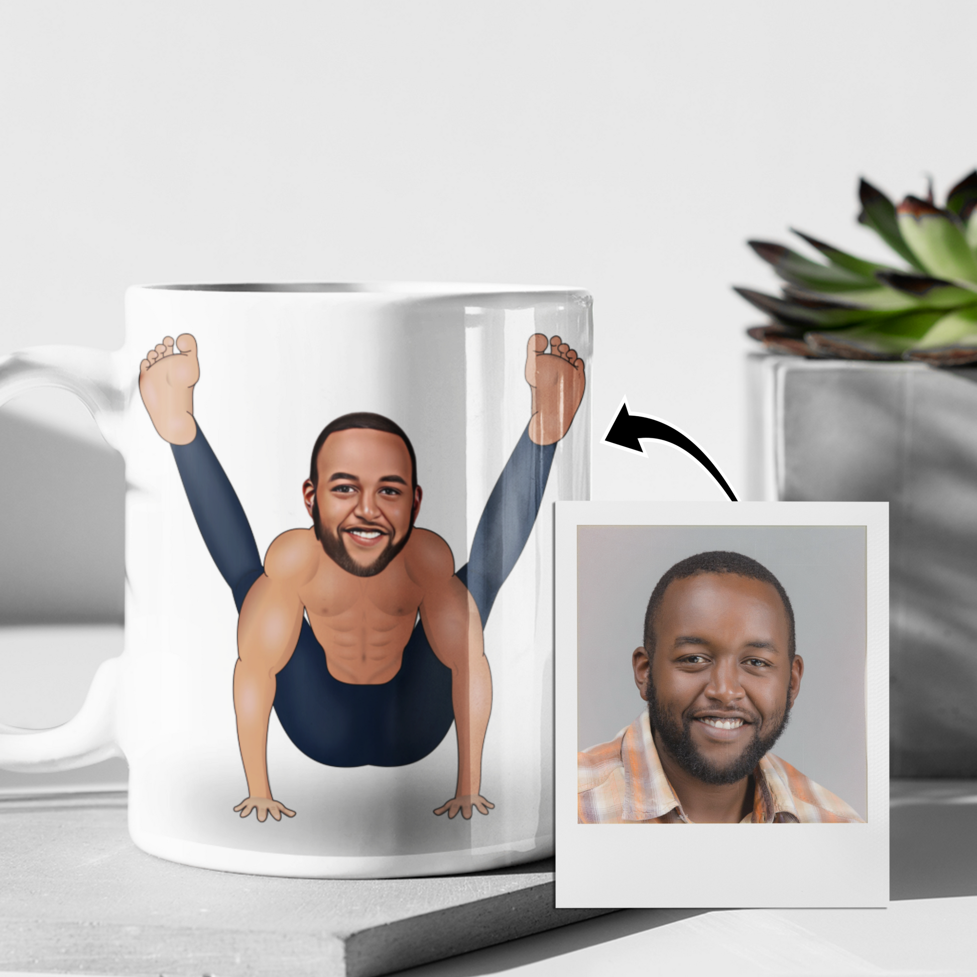 funny personalised photo Yoga Mug of man in funny yoga pose