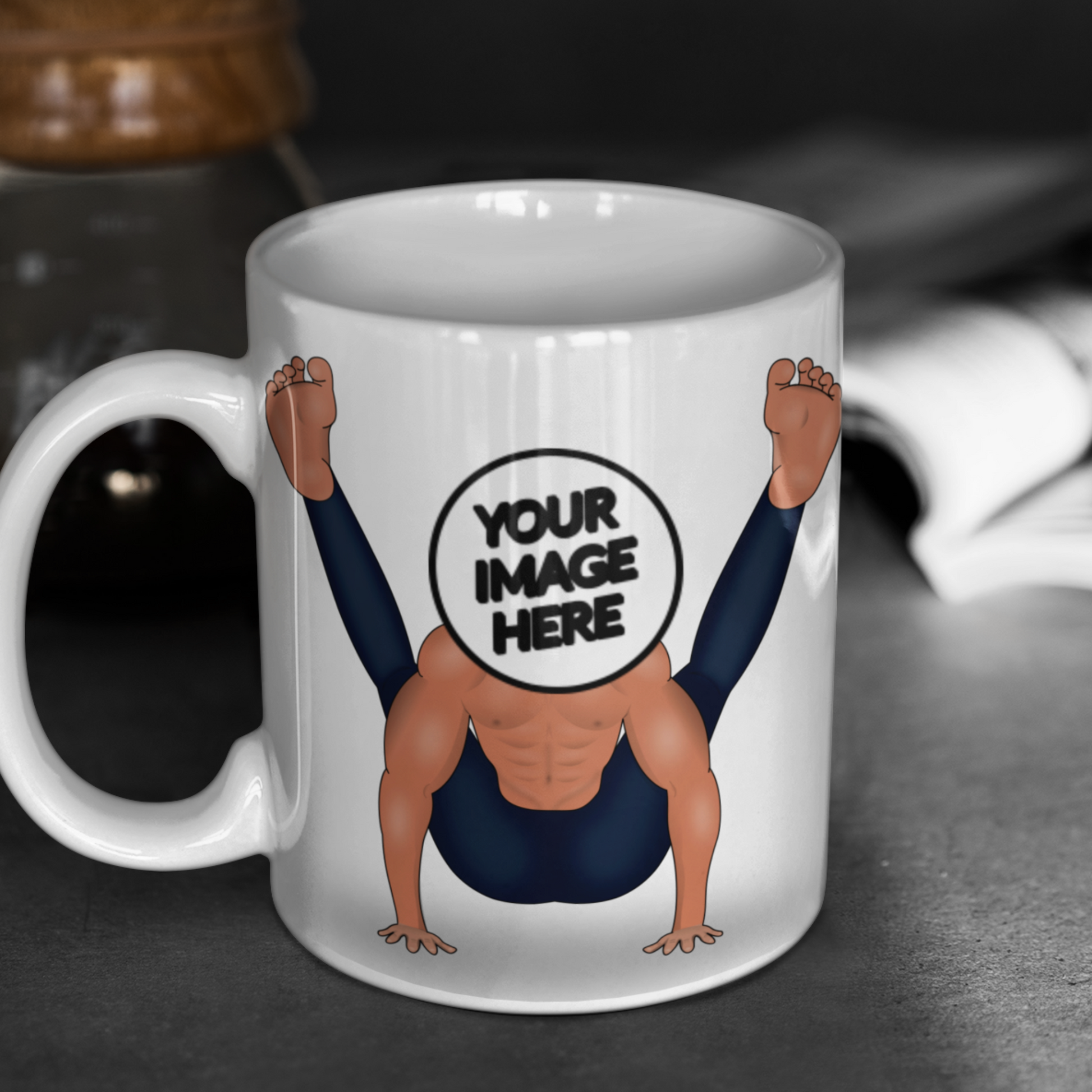 funny personalised photo Yoga Mug of man in funny yoga pose showing "your image here"