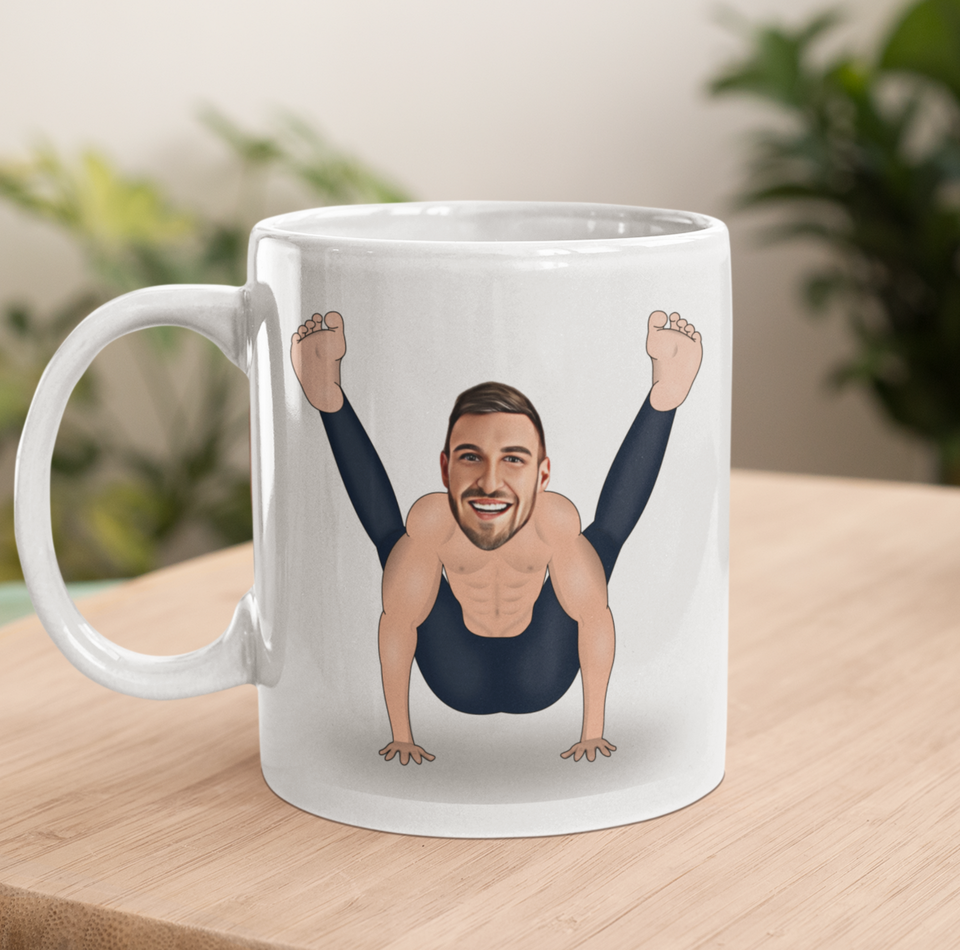 funny personalised photo Yoga Mug of man in funny yoga pose