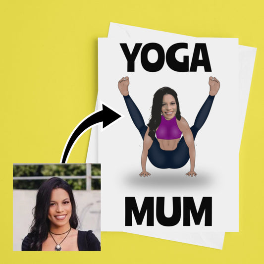 funny personalised photo Yoga greeting card of woman in funny yoga pose with caption "yoga mum"