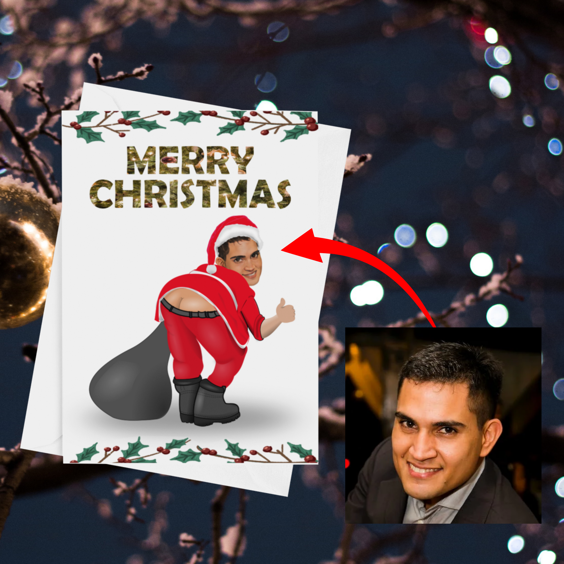 funny personalised photo Christmas card of person dressed as Santa Claus bending over showing behind builders bum