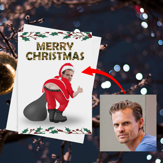 funny personalised photo Christmas card of person dressed as Santa Claus bending over showing behind builders bum