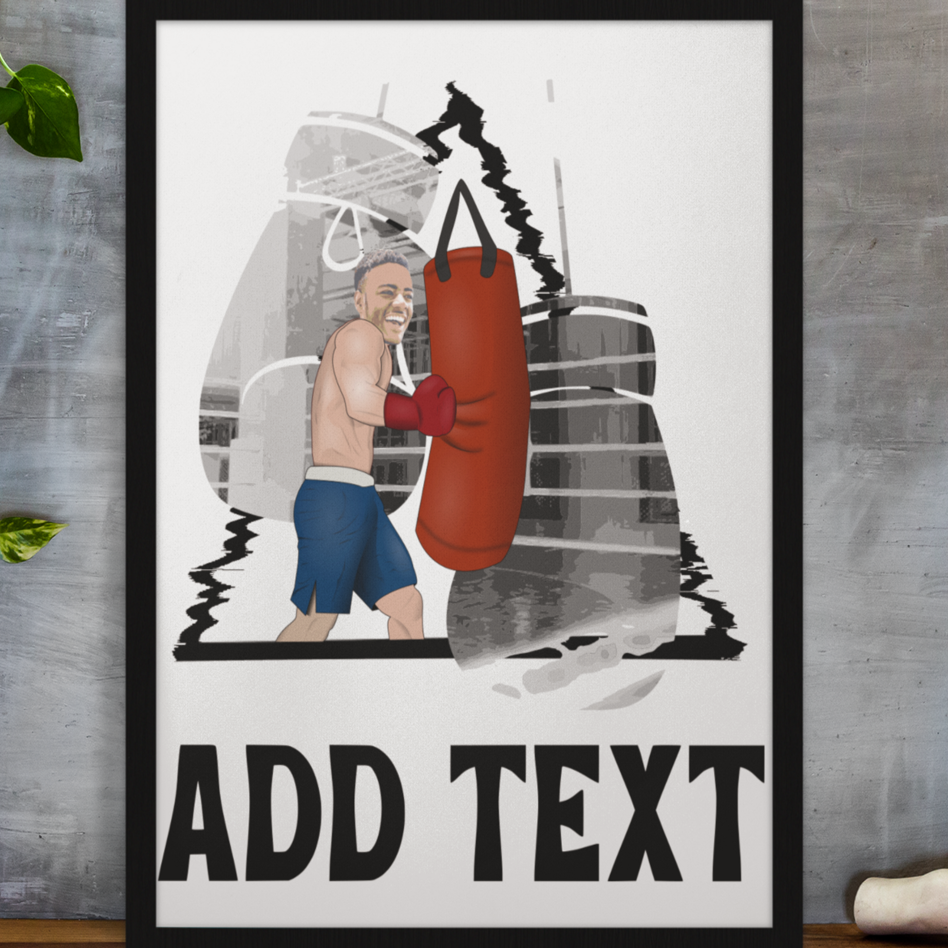 personalised photo poster with a boxer punching a punch bag with "add text"
