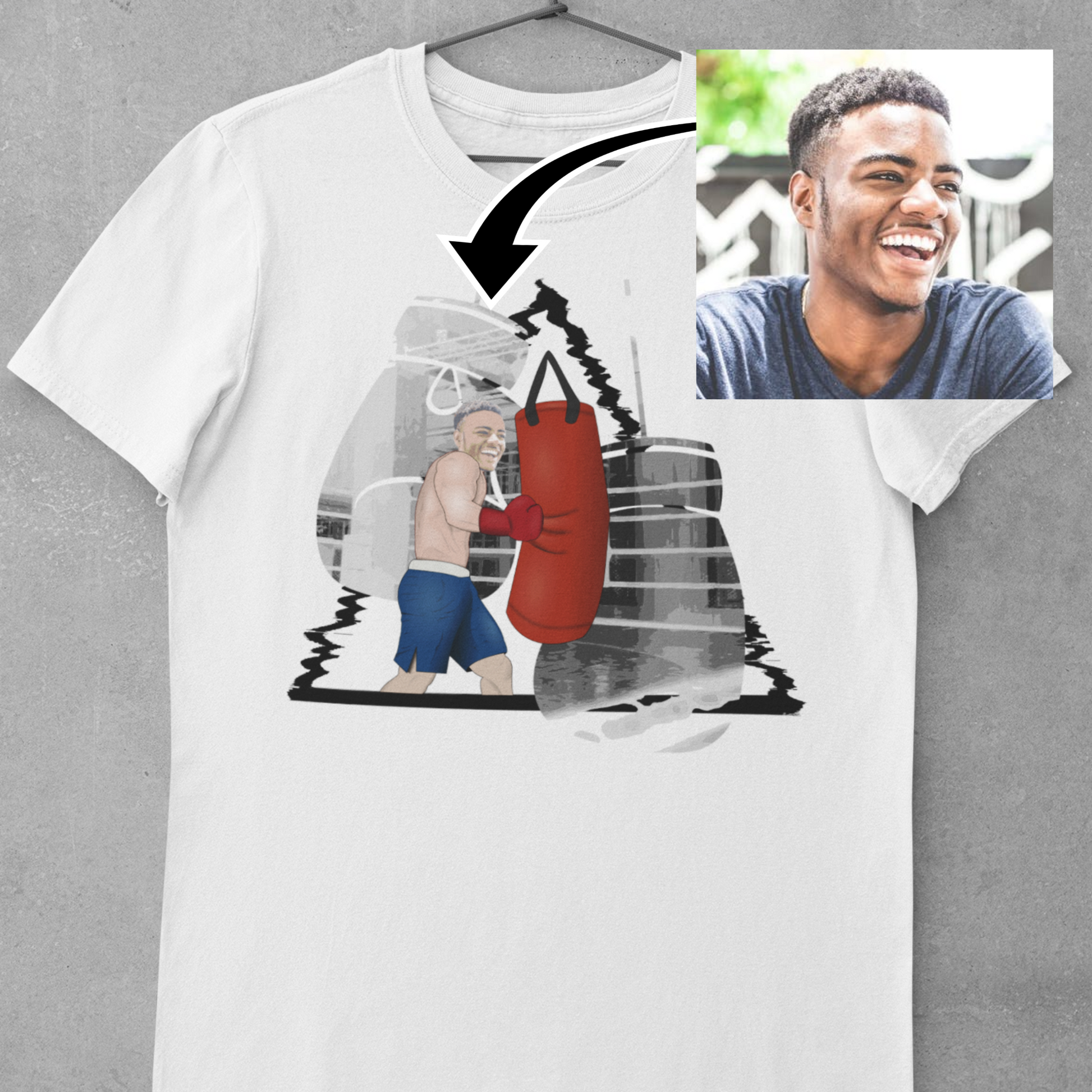 personalised photo t-shirt with a boxer punching a punch bag