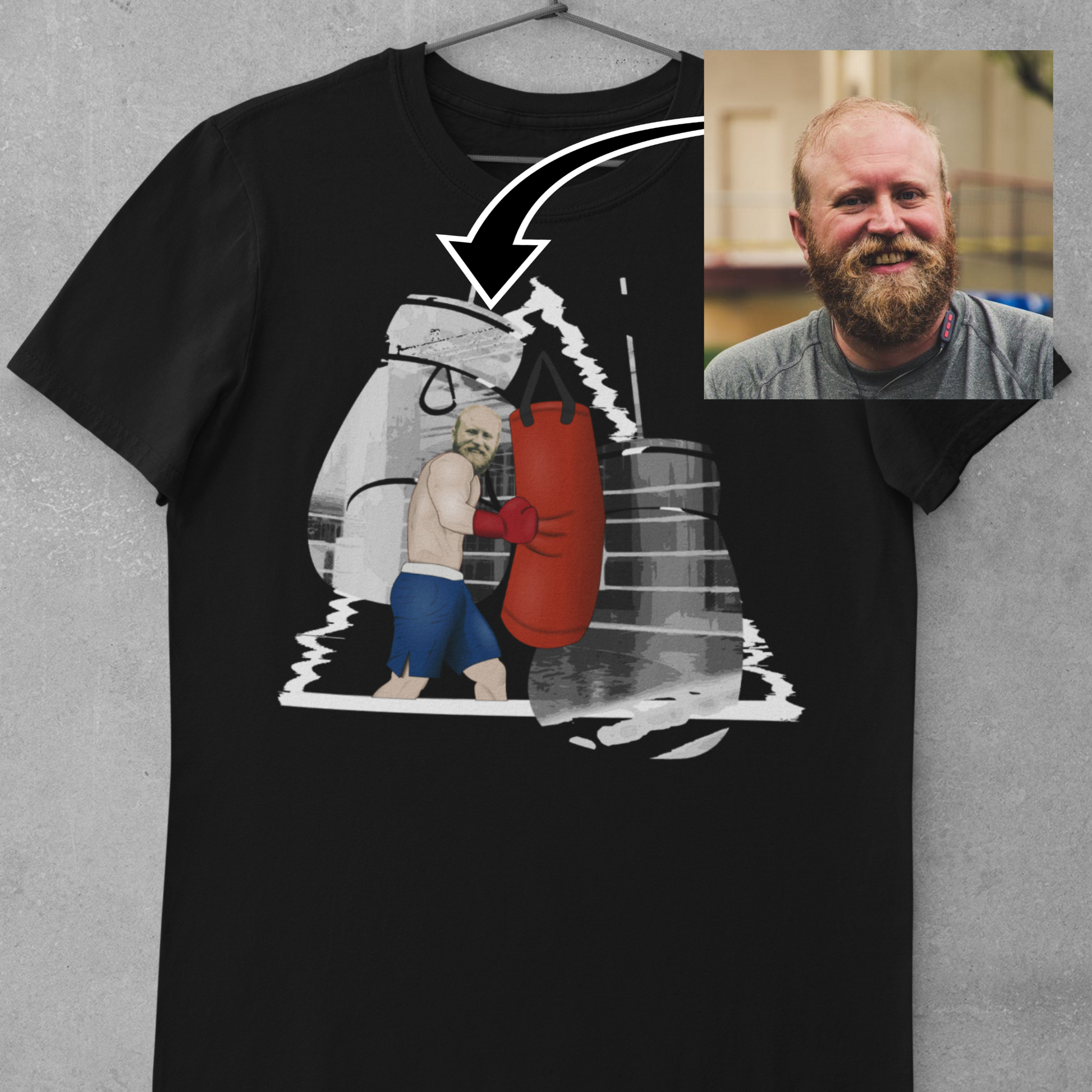 personalised photo t-shirt with a boxer punching a punch bag