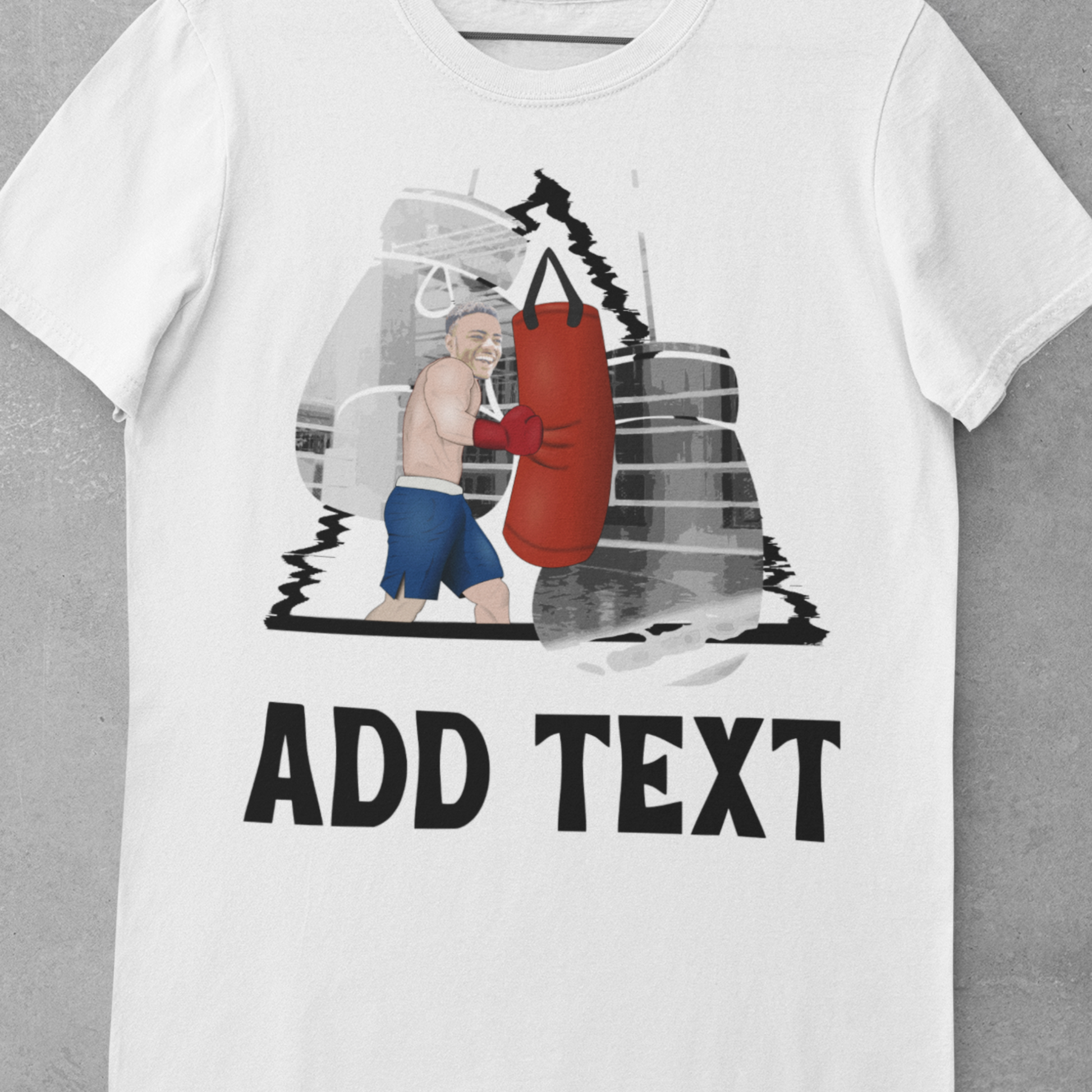 personalised photo t-shirt with a boxer punching a punch bag with "add text"