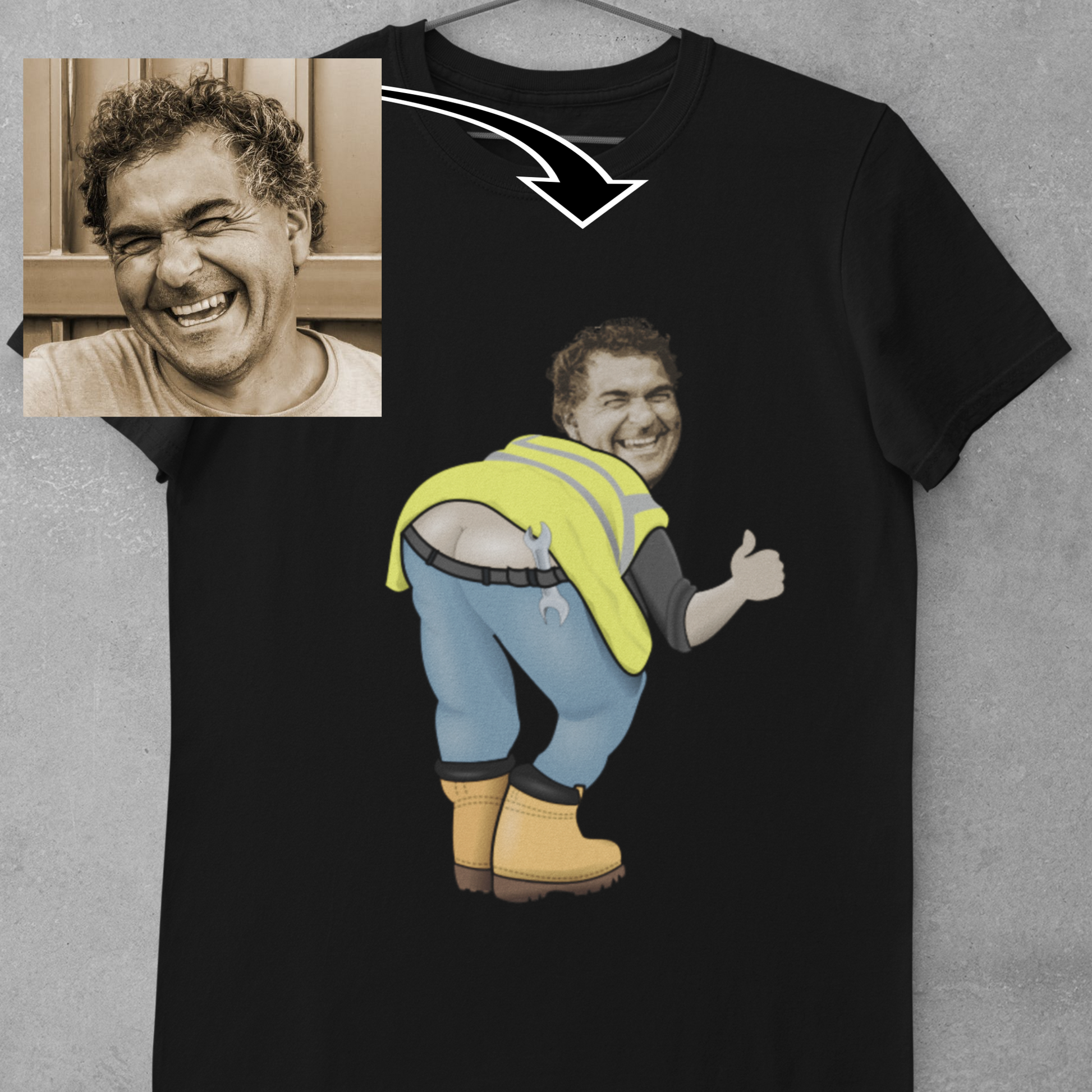 funny personalised photo t-shirt of builder bending over and showing behind builder bum