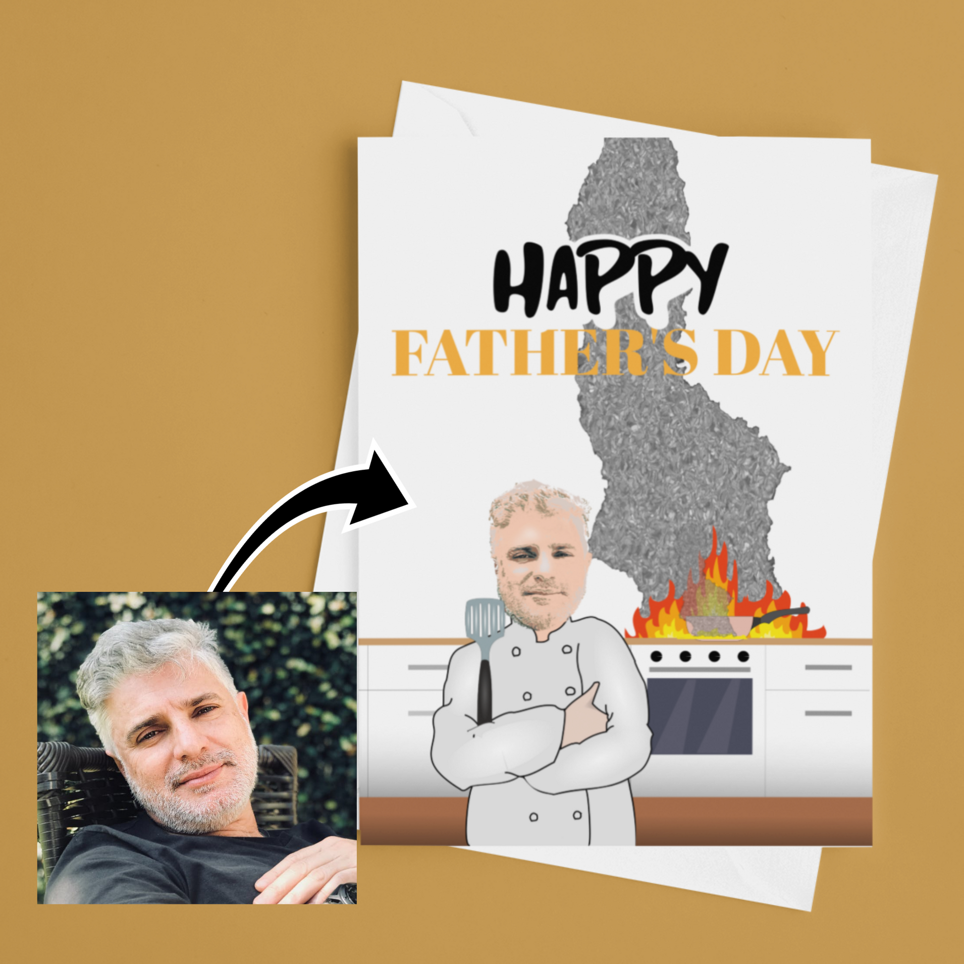 funny personalised photo greeting card of chef posing with kitchen oven on fire