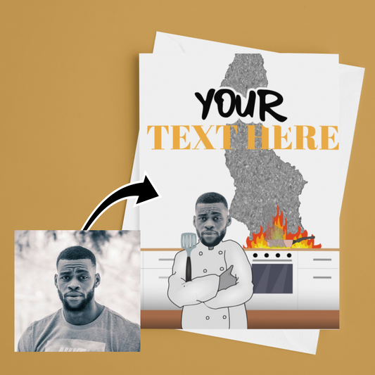 funny personalised photo greeting card of chef posing with kitchen oven on fire