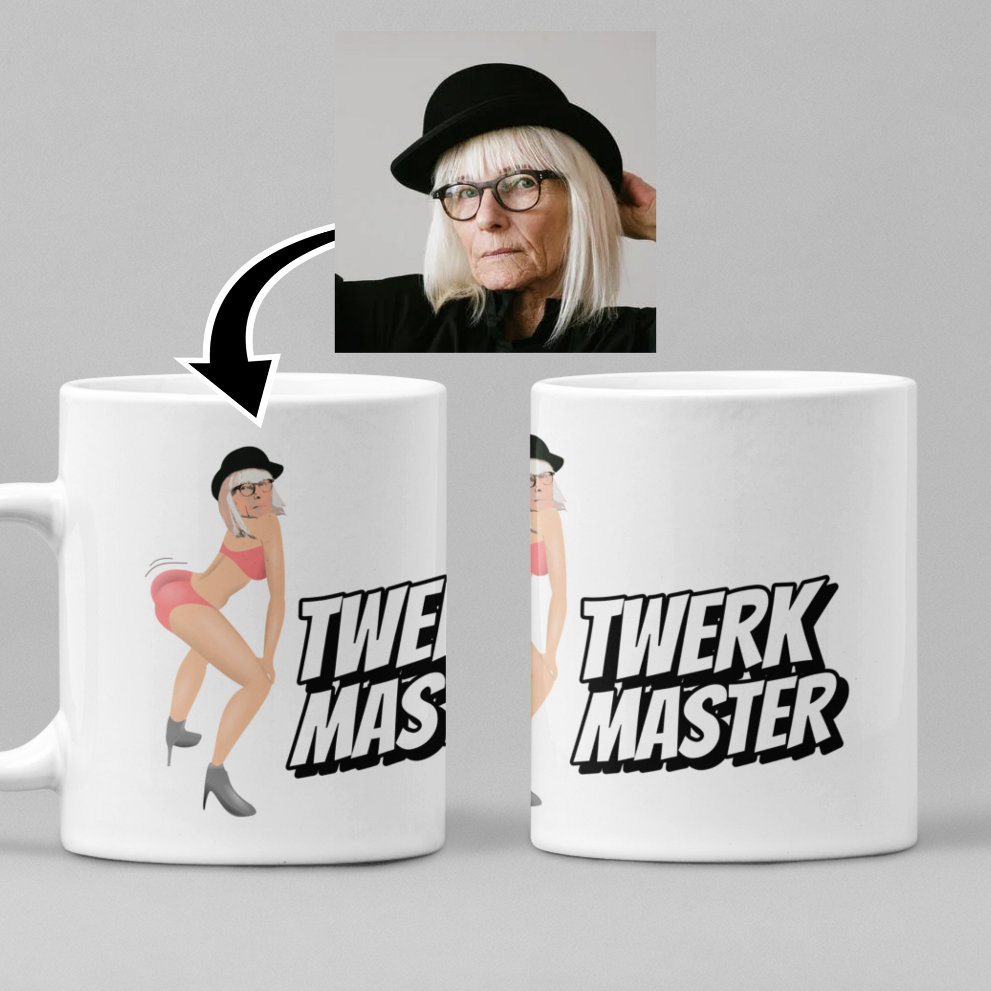 funny personalised photo mug of a woman twerking