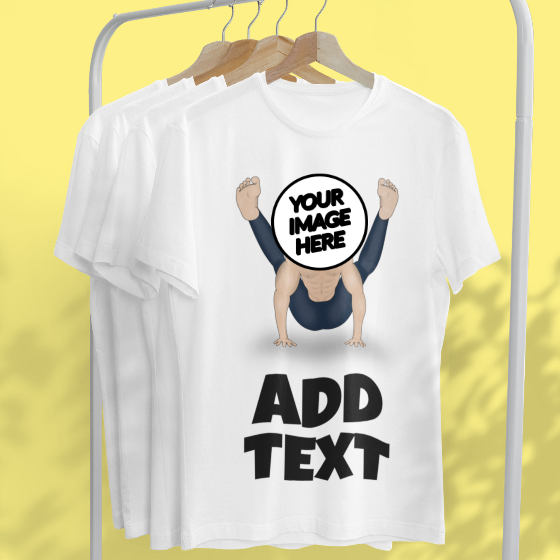funny personalised photo Yoga t-shirt of man in funny yoga pose with caption "add text" showing "your image here"
