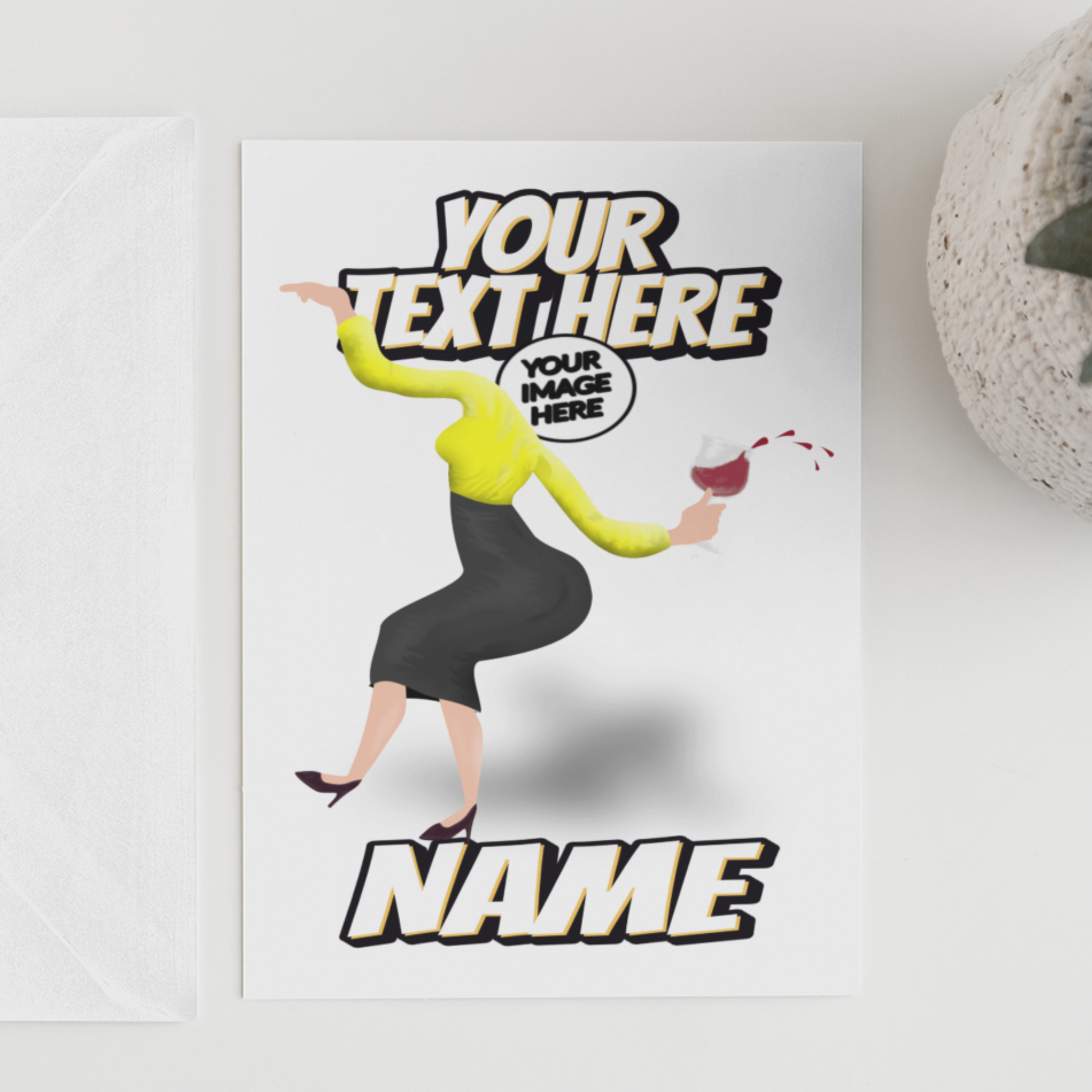 funny personalised photo greeting card of drunken woman dancing and spilling wine showing "your image here"
