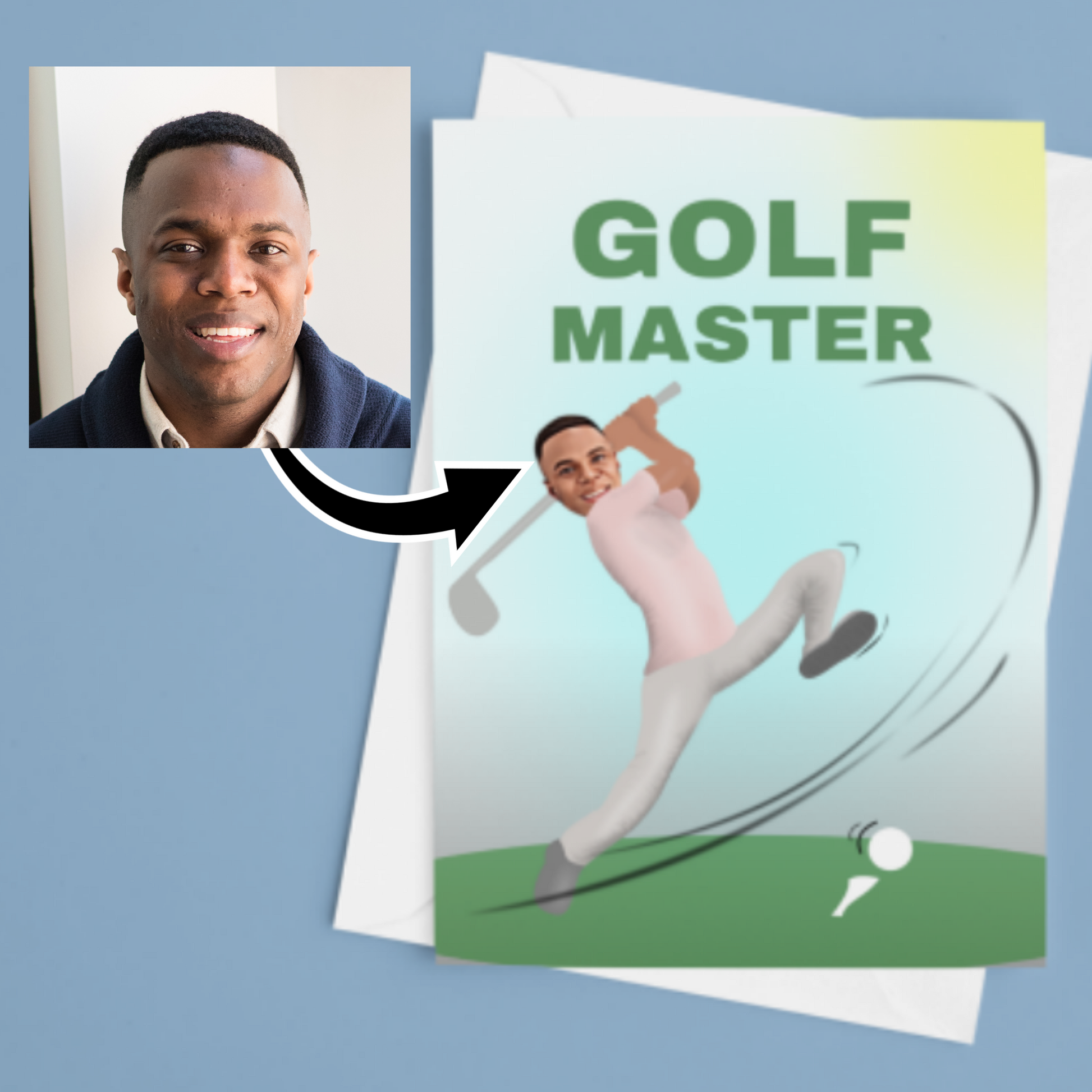 funny personalised photo greeting card of person swinging a golf club and missing the golf ball